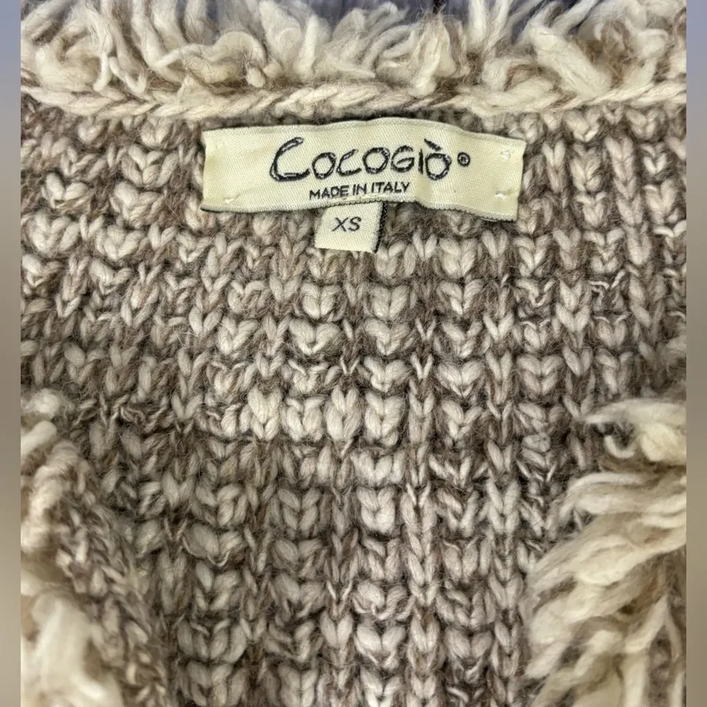 COCOGIO Cream Brown Marled Wool Cozy Boho Fringed Academia Cardigan Sweater XS